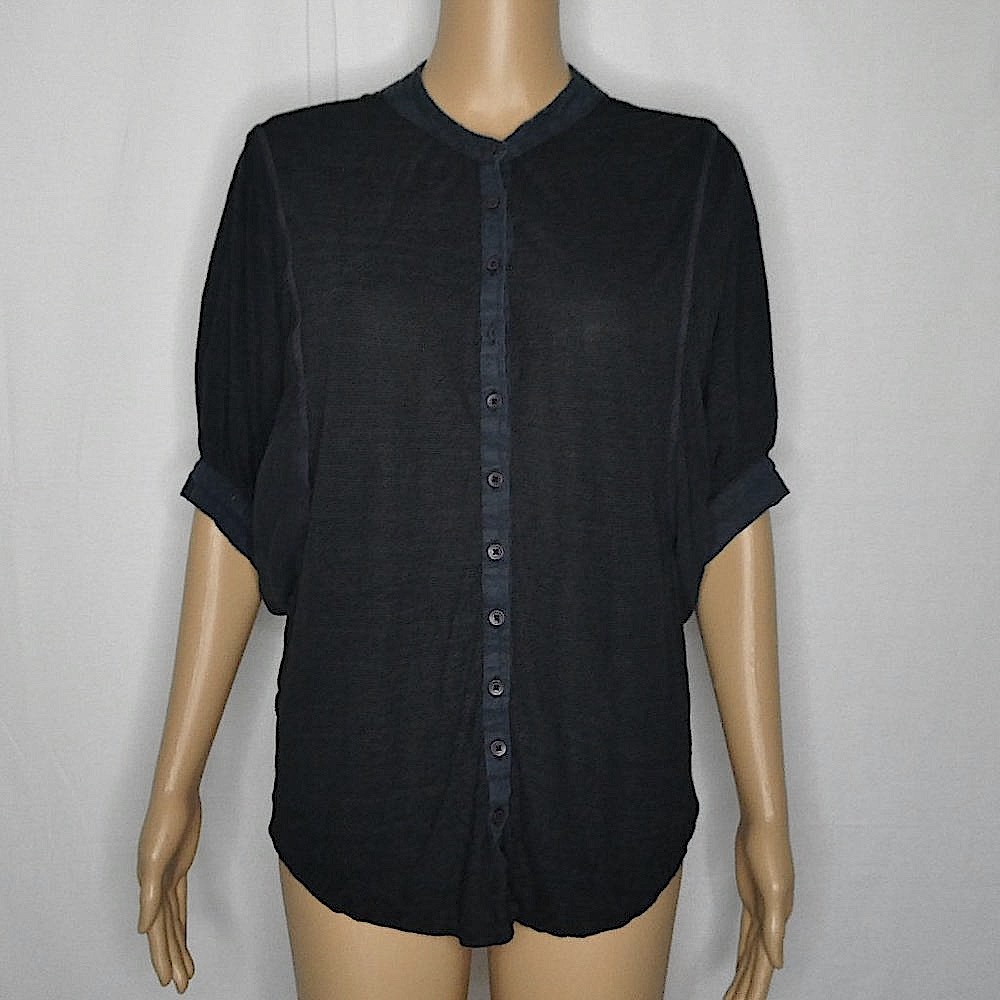 Free People Button Up Shadow Stripe Dolman Sleeve Blouse Top Black Gathered Back